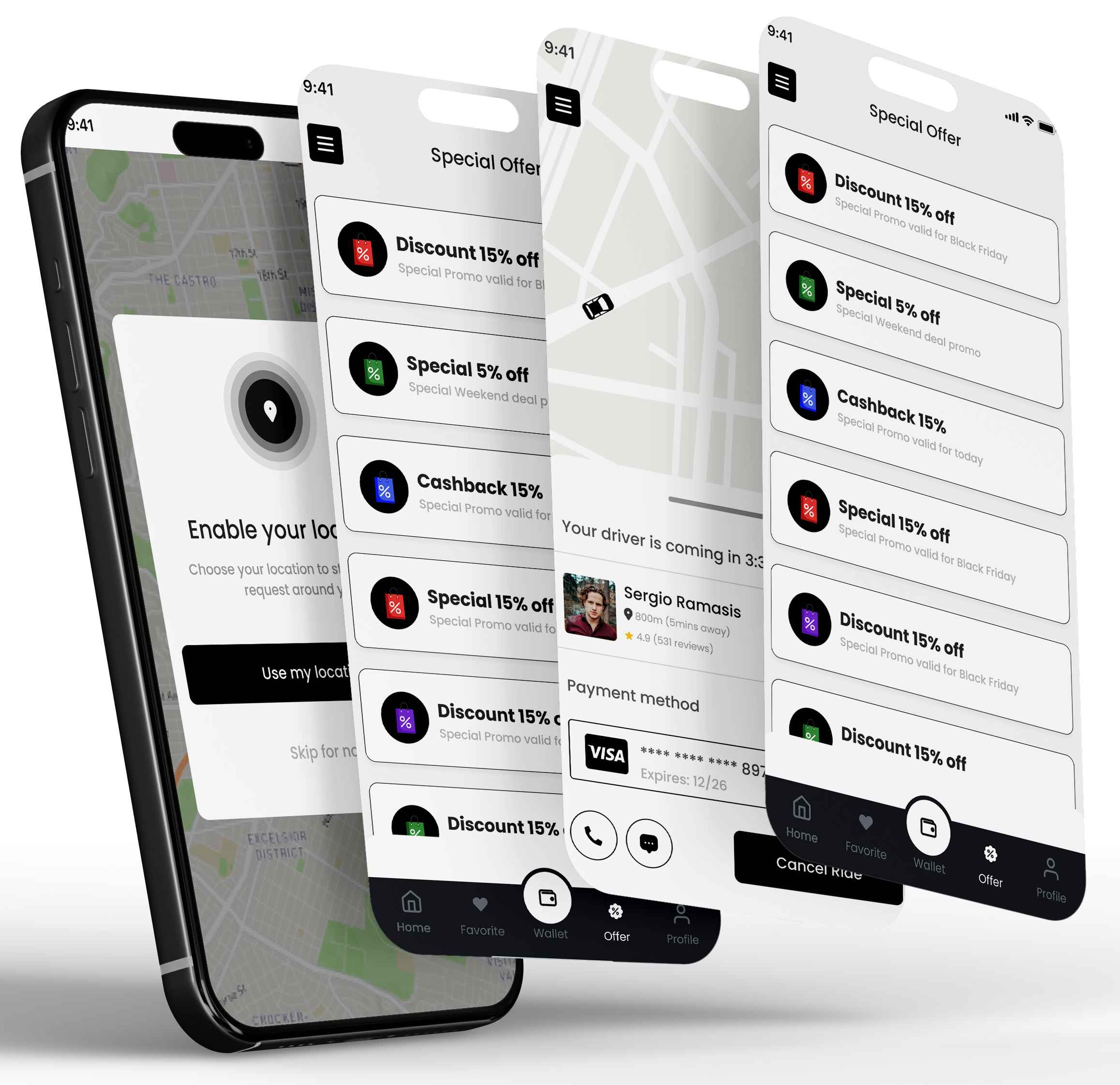 Mobile app UI showing automotive booking, real-time location tracking, and promo offers for ride-hailing services.