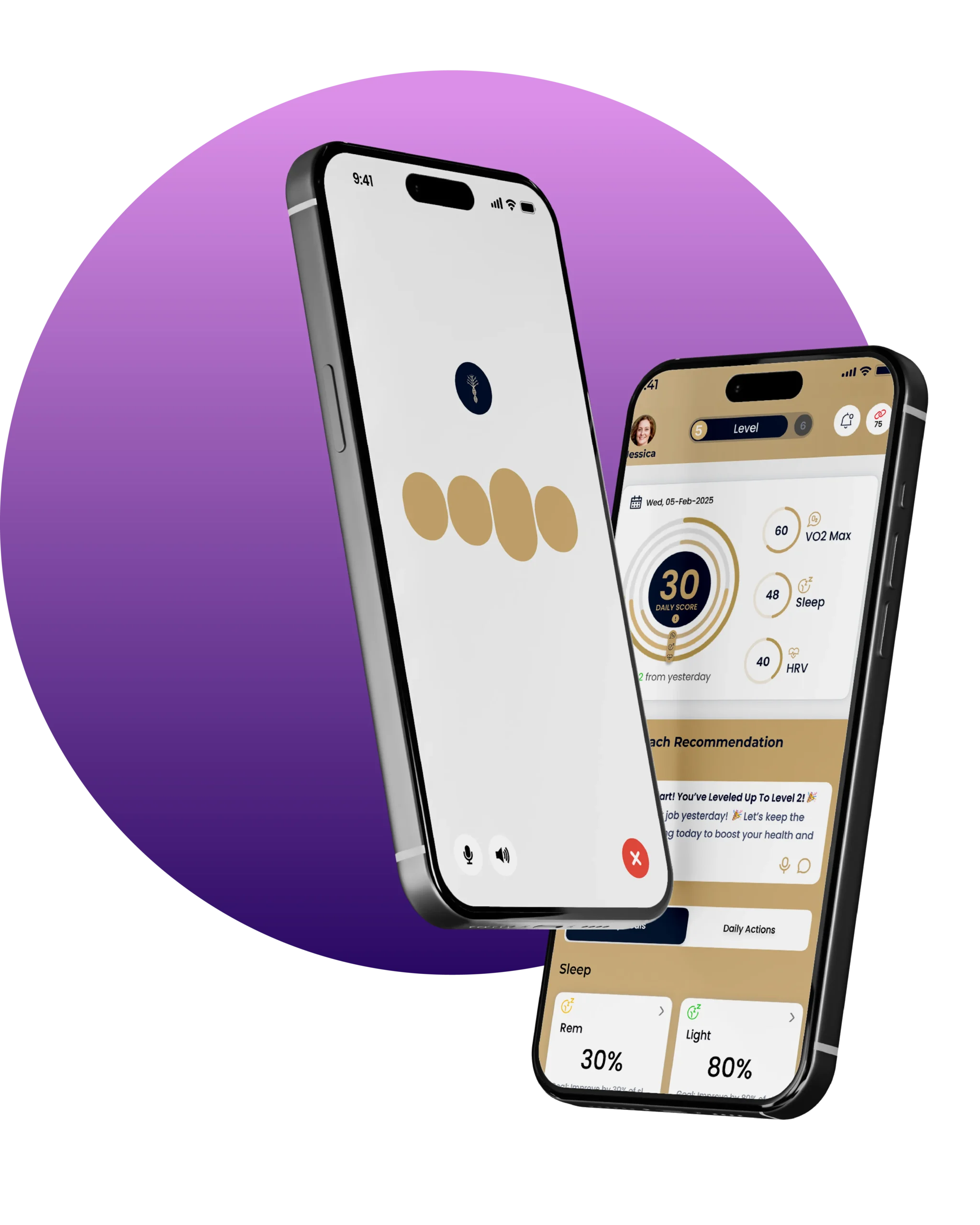 Modern iOS health tracking app UI showing wellness metrics like VO2 Max, Sleep, and HRV on iPhone 15 Pro