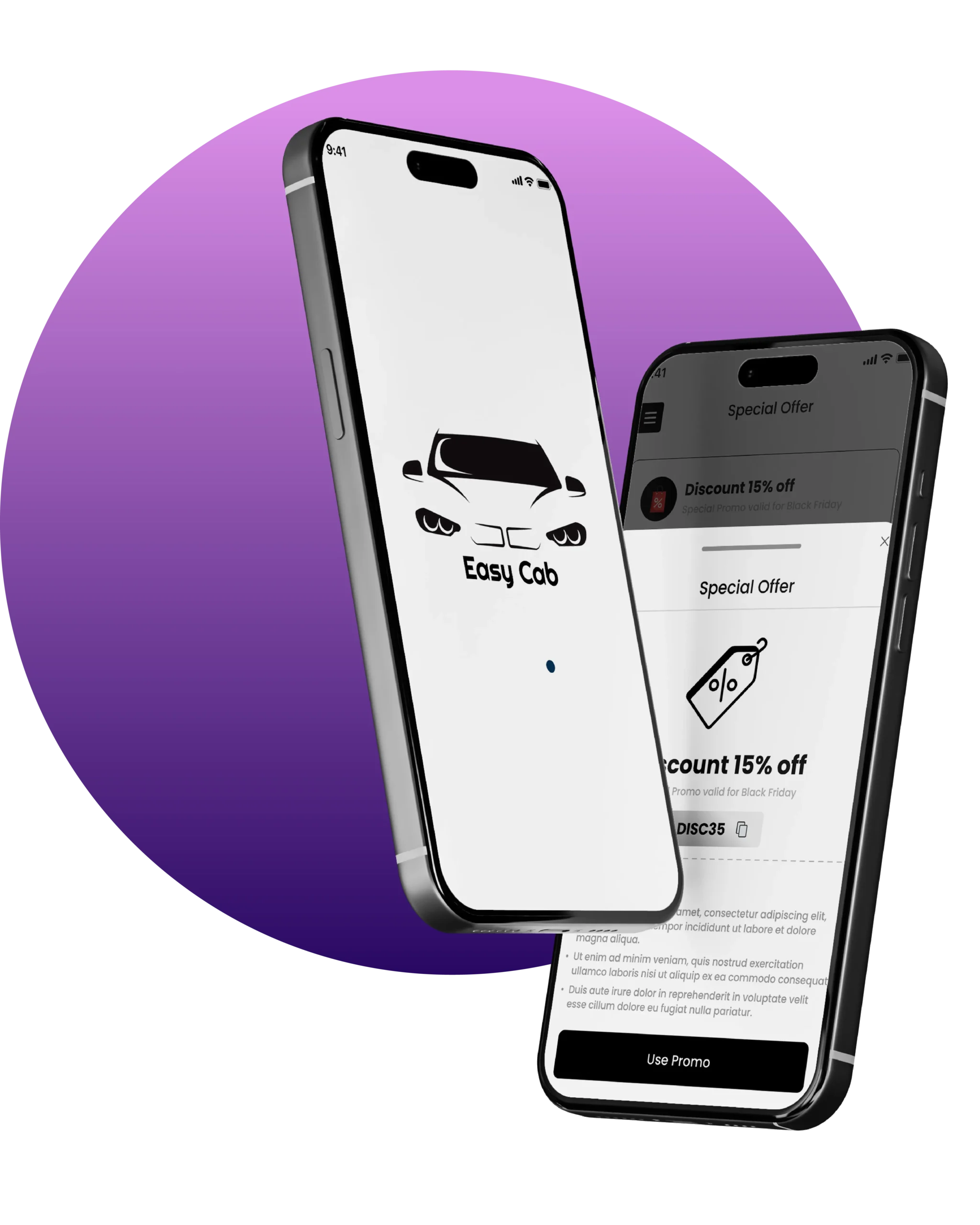 React Native taxi booking app UI with Easy Cab splash screen and discount promo interface