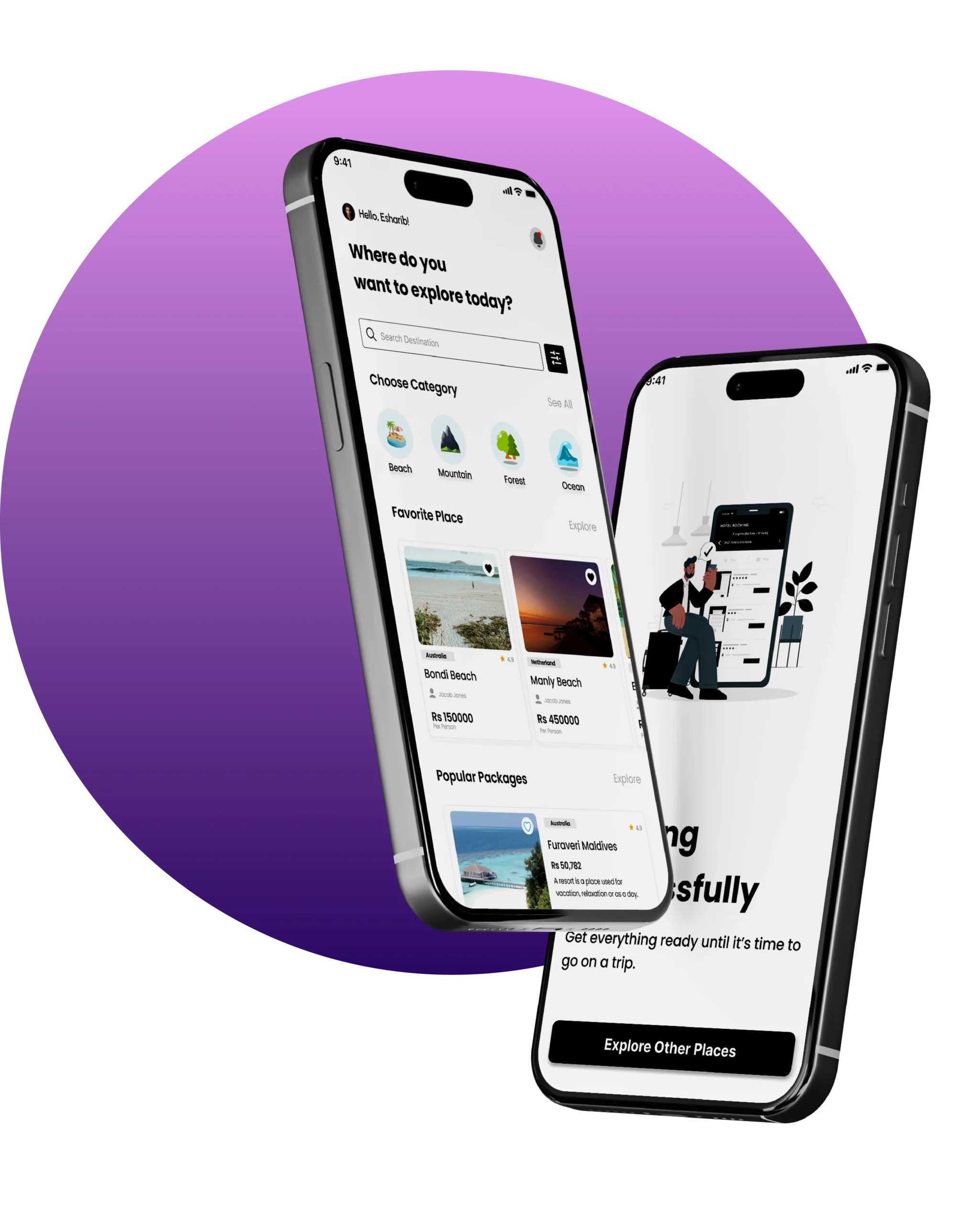 Flutter app UI for travel booking with destination search, vacation packages, and onboarding screen on iPhone