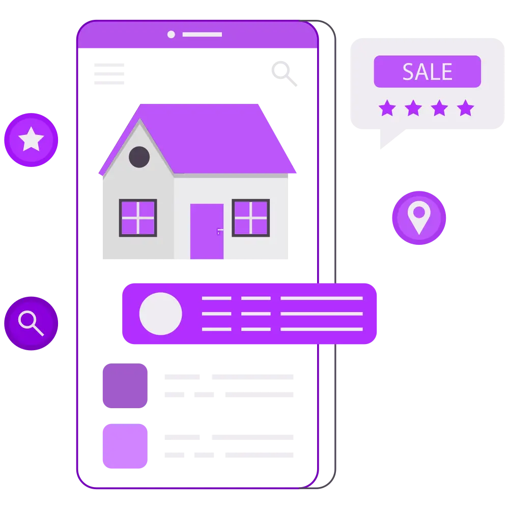 Real estate mobile app interface showing property listing, search tools, and sale details – ideal for mobile apps for real estate agents