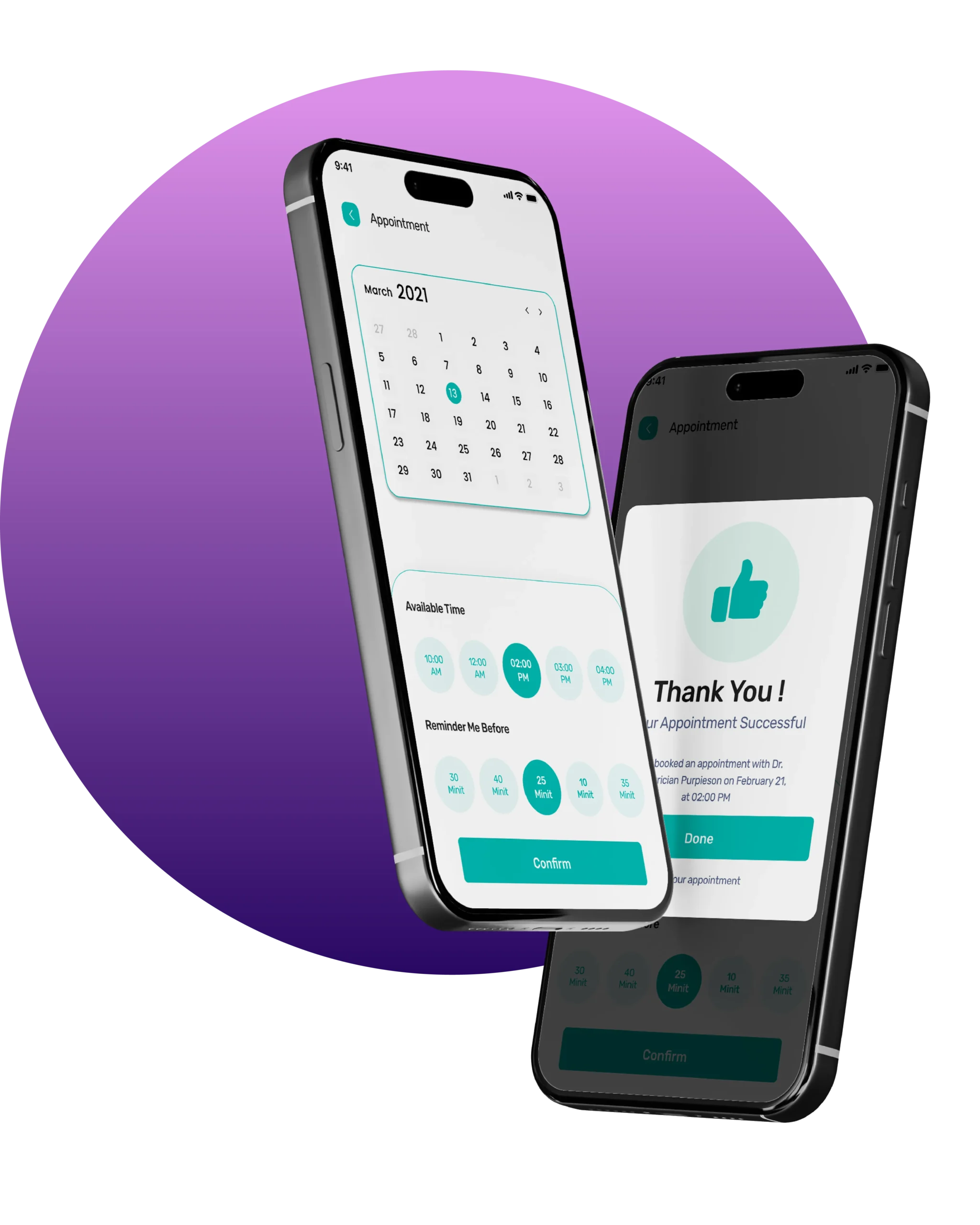 React Native mobile app UI showing appointment booking and confirmation screens for iOS and Android