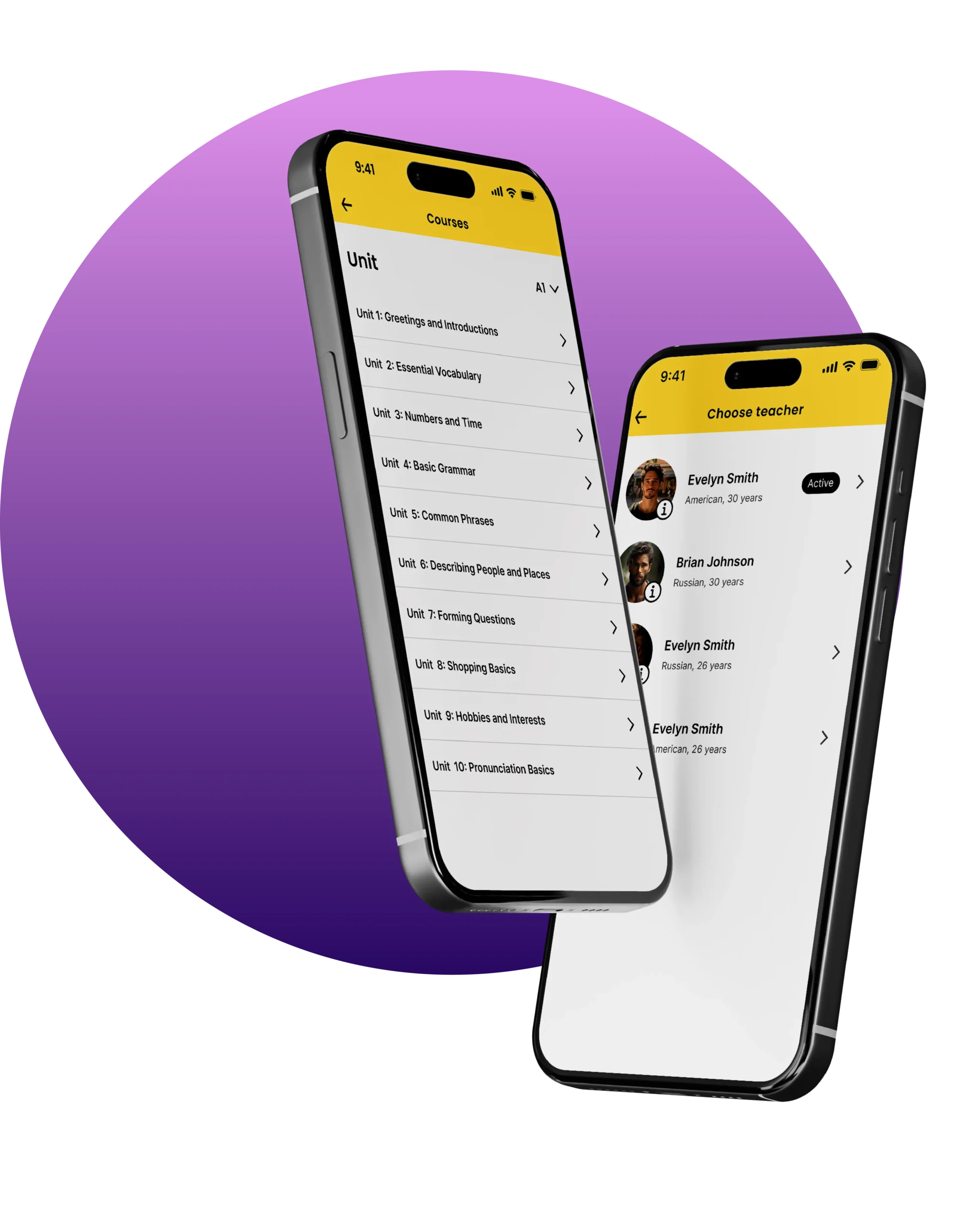 Flutter language learning app UI showing course modules and teacher selection interface on iPhone 15 Pro