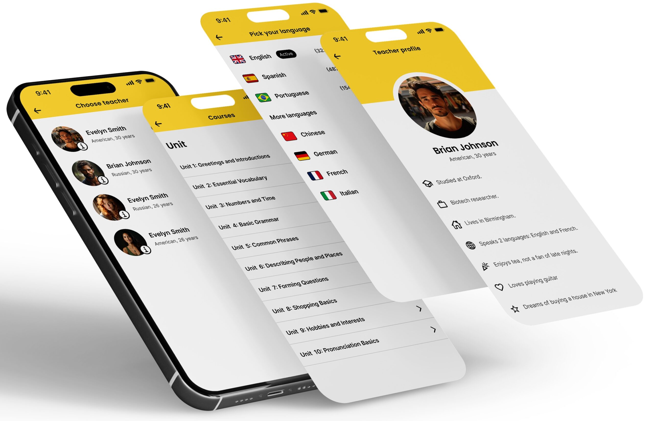 React Native language learning app UI with teacher profiles, language selection, and course navigation screens