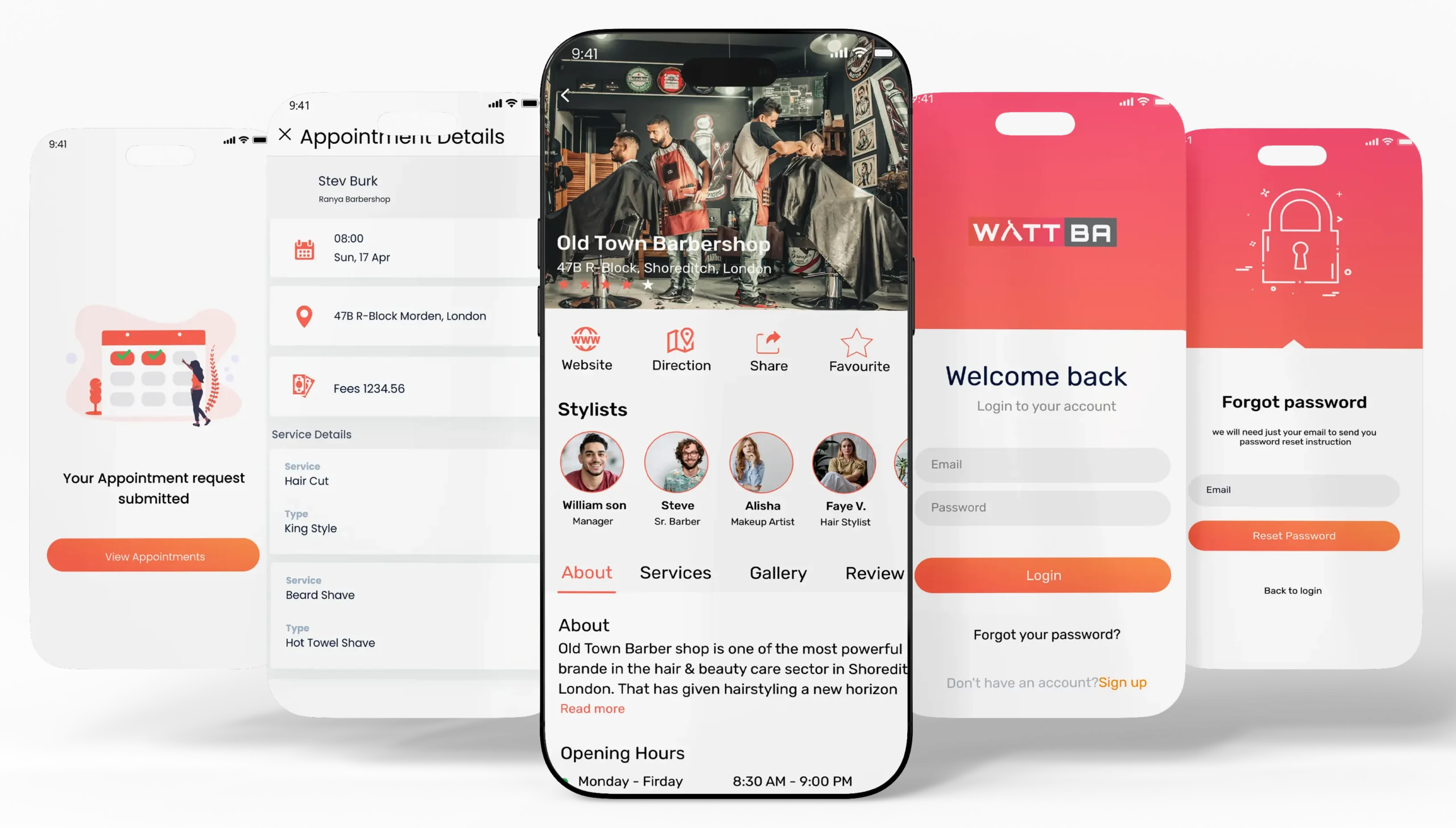 Wattba food delivery mobile app interface developed by New York app developers - showing restaurant listings and order tracking