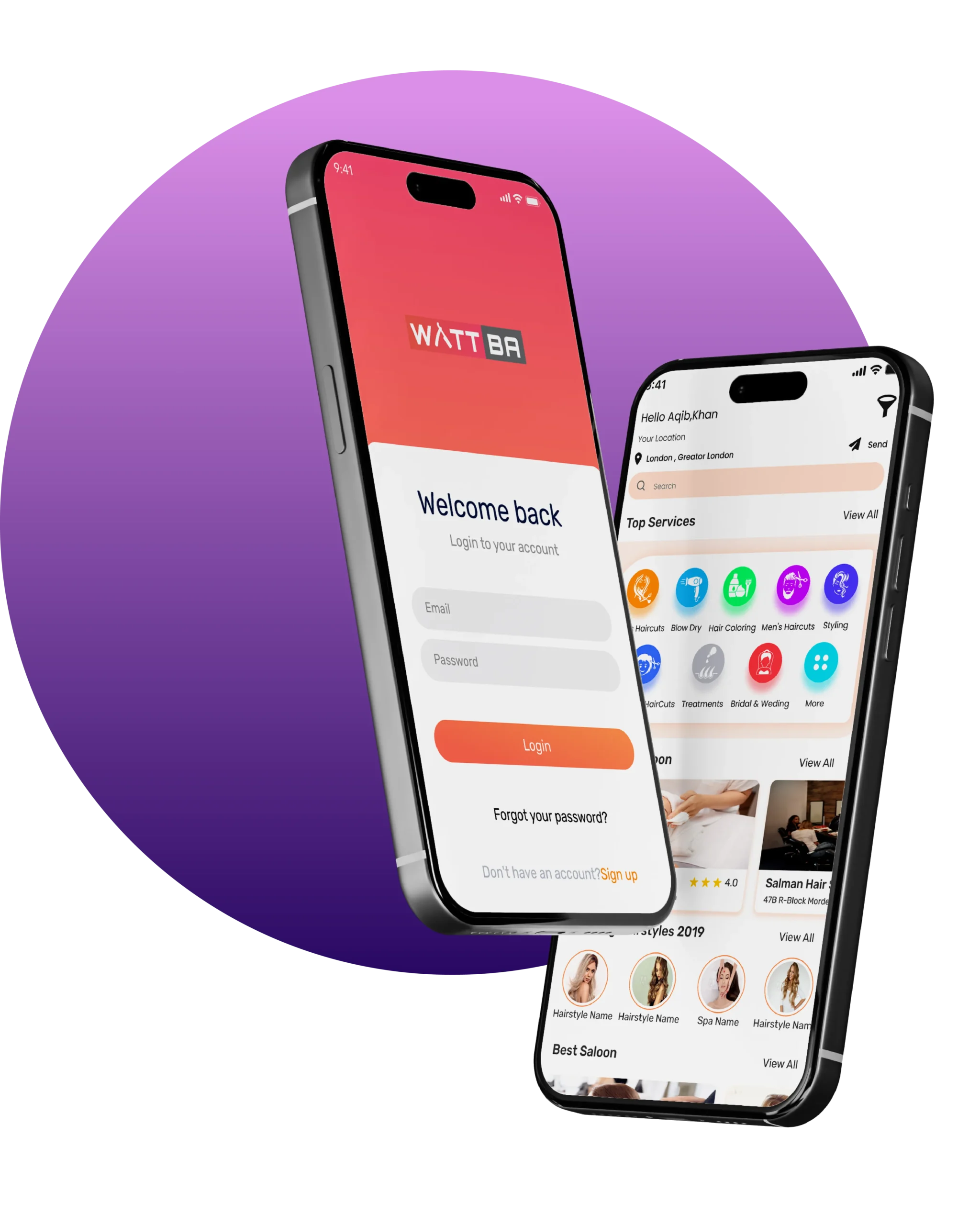 Salon booking app UI for iOS showing login screen and top beauty services interface on iPhone 15 Pro