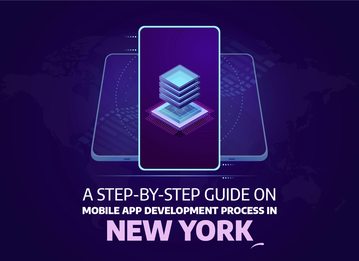 Illustration of mobile app development process with digital interface concept, tailored for startups and enterprises in New York, 2025.