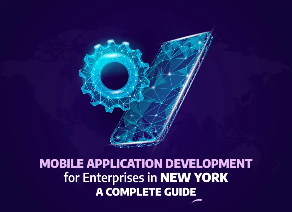 Futuristic illustration of mobile application development with a smartphone and gear, representing enterprise app solutions in New York.