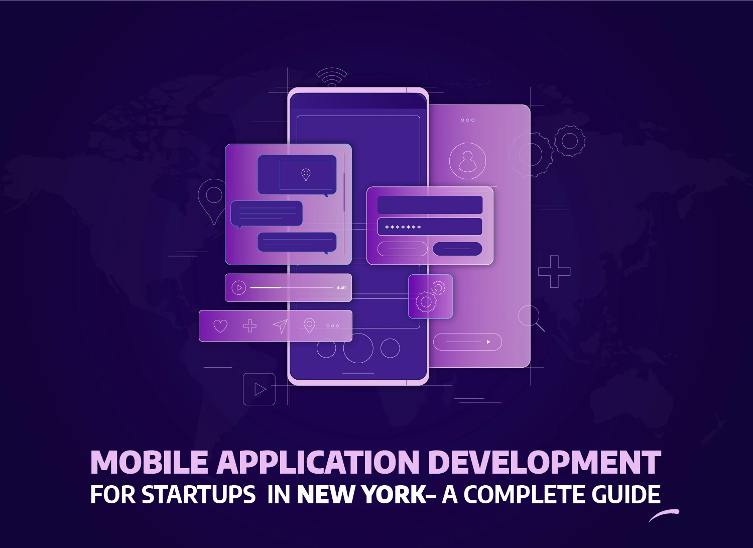 Illustration of mobile application development for startups in New York showing UI elements and app interface design.