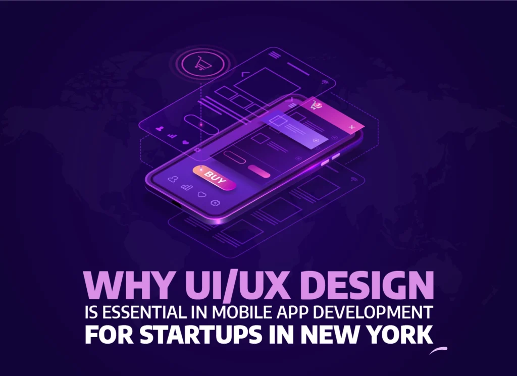 Isometric smartphone UI/UX wireframe design concept illustrating mobile app development for startups in New York, featuring a purple gradient interface and 'Buy' button.