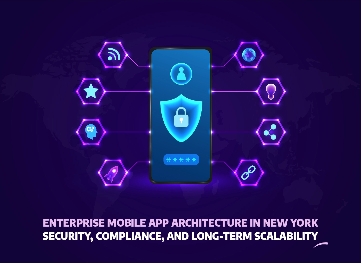 Enterprise mobile app architecture in New York featuring smartphone with security shield icon, representing compliance, data protection, and scalability in 2025.
