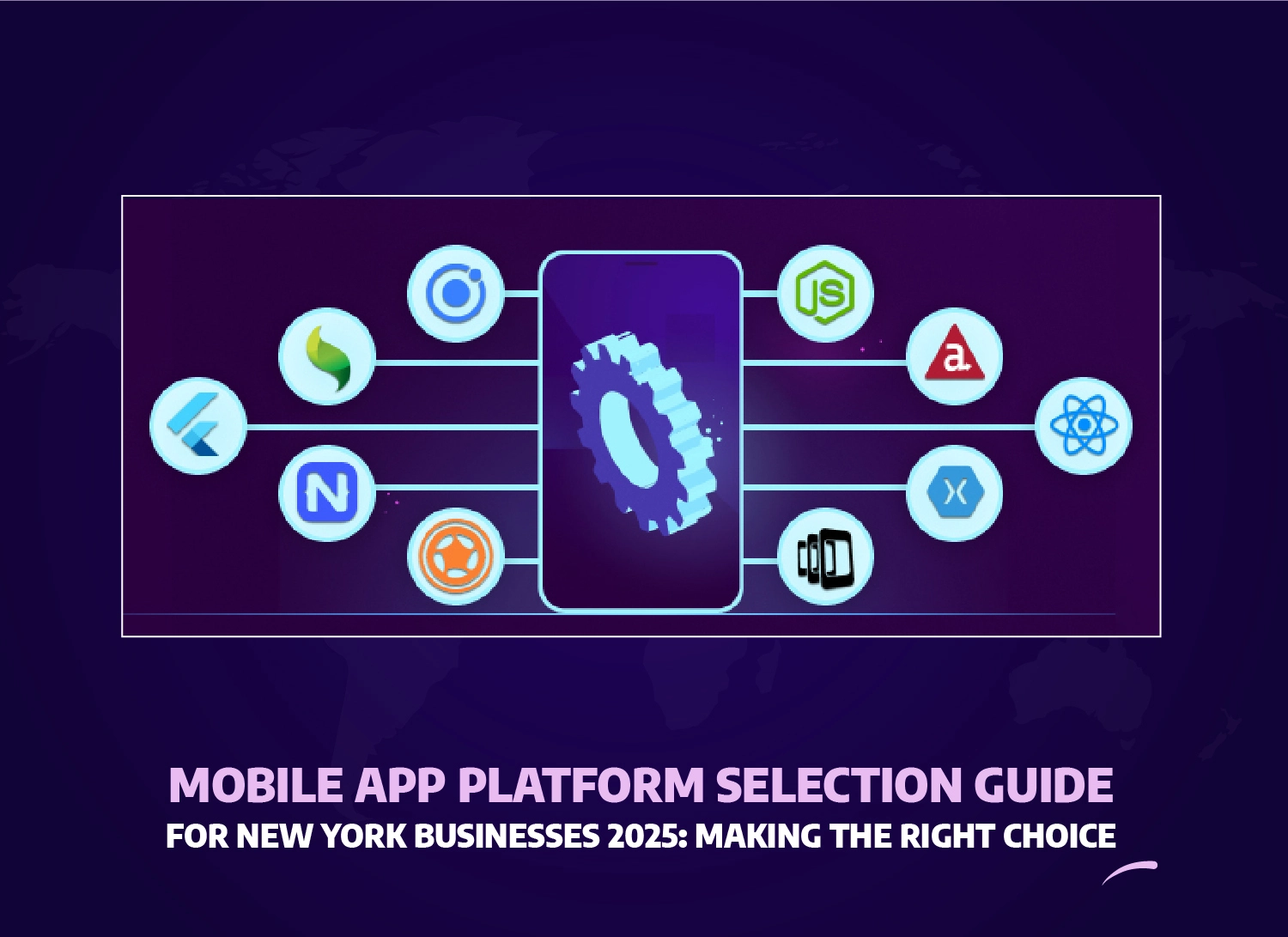 Mobile app platform selection guide for New York businesses in 2025, featuring icons of popular development frameworks and tools including Flutter, Ionic, Node.js, Angular, React Native, Xamarin, and more.