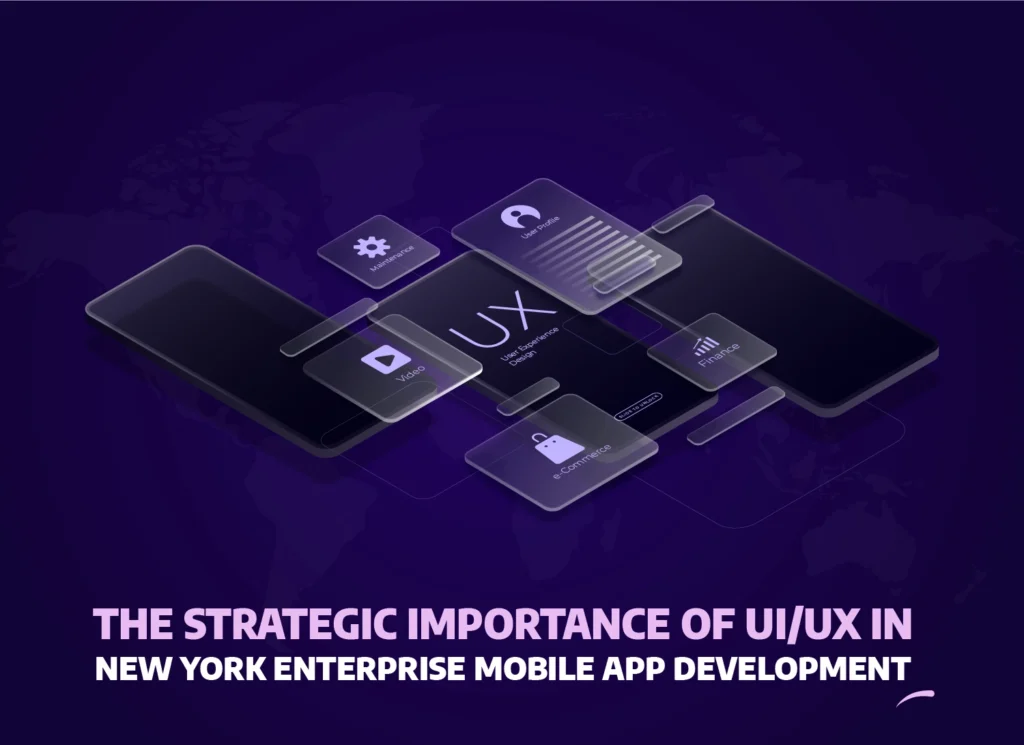 Enterprise mobile app UI/UX design illustration showing layered digital interface elements for finance, e-commerce, and user profiles, representing strategic UX in New York enterprise app development