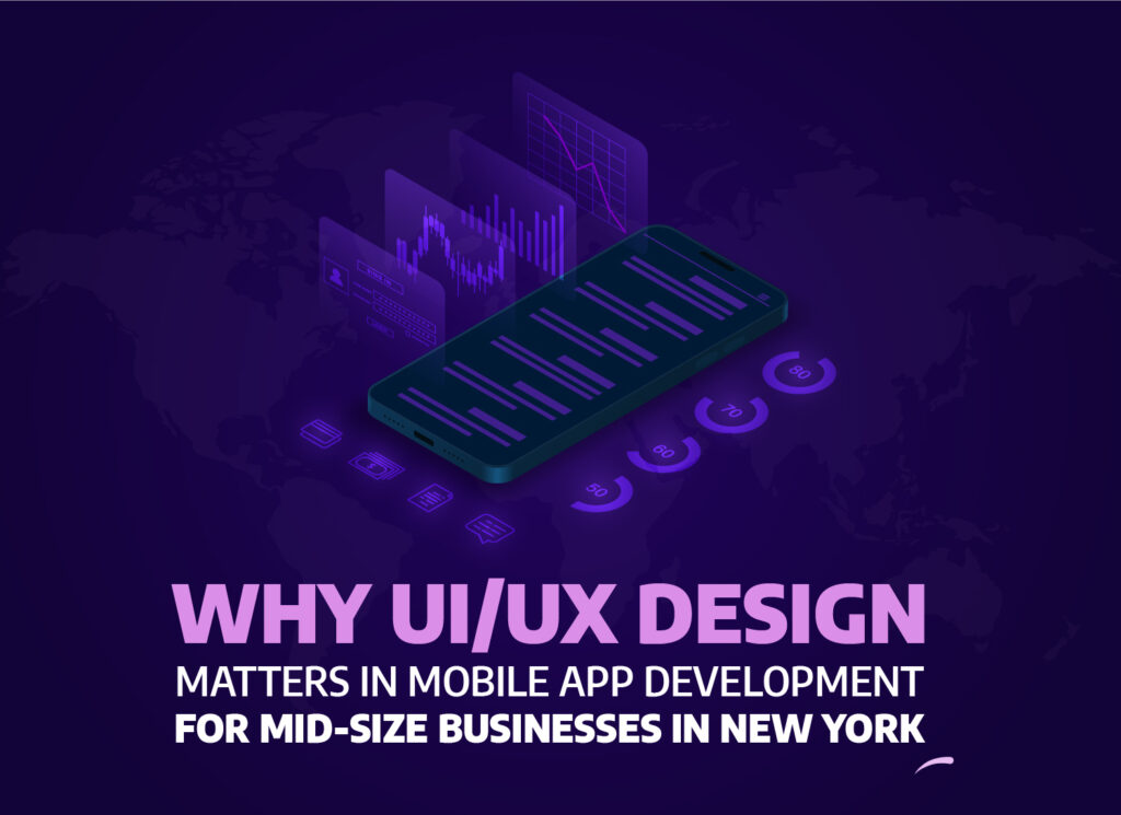 Isometric illustration of mobile UI/UX design dashboard for mid-size business app development in New York, showing smartphone analytics interface and modern data-driven UX elements