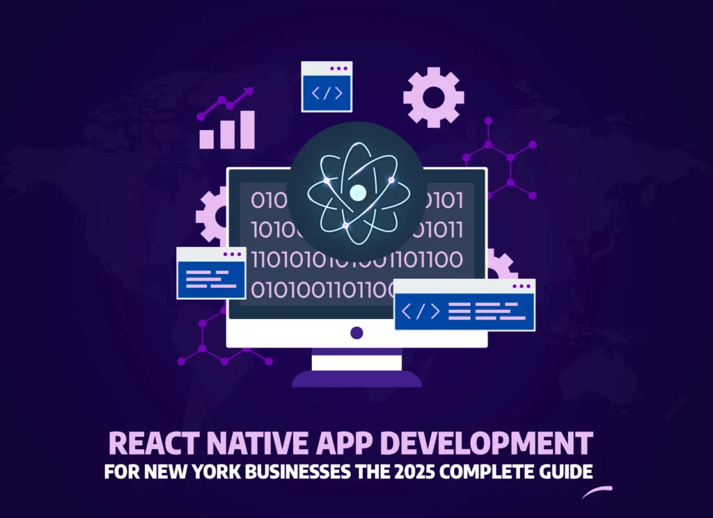 React Native app development for New York businesses 2025 — illustration showing cross-platform coding, development tools, and the React logo symbolizing efficient mobile app creation.